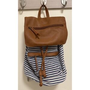 Madden Girl Backpack Blue & White Stripe With Brown Trim Large